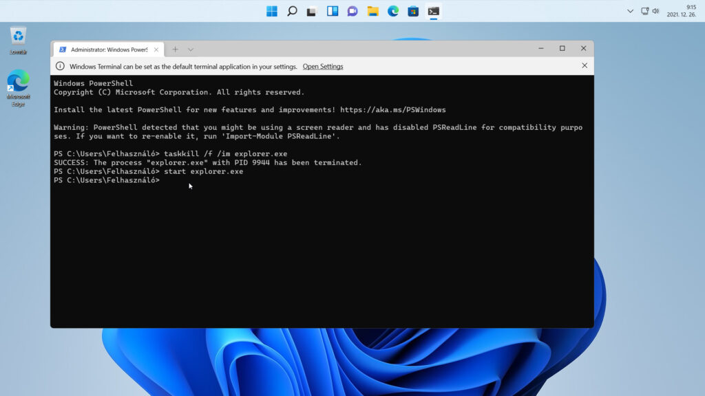 8. ábra: Nem csak a Feladatkezelővel, hanem a Windows PowerShell segítségével is újraindíthatjuk a Windows Intéző folyamatot.