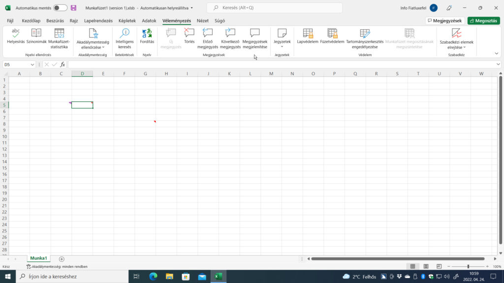 2. ábra: Az Excel 365-ben a Véleményezés lapfülön találjuk a Megjegyzések és a Jegyzetek szakaszt. A Megjegyzések a közös munkát segíti, míg a Jegyzetek parancsai felelnek meg az Excel 2016/2019/2021 Megjegyzések szakaszának.