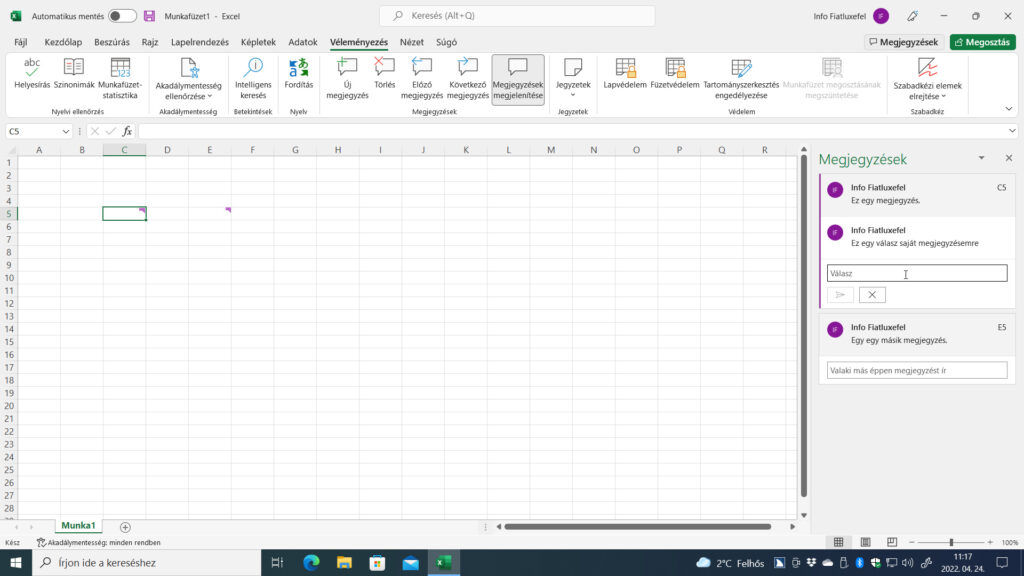 3. ábra: A Megjegyzések panel az Excel 365-ben.