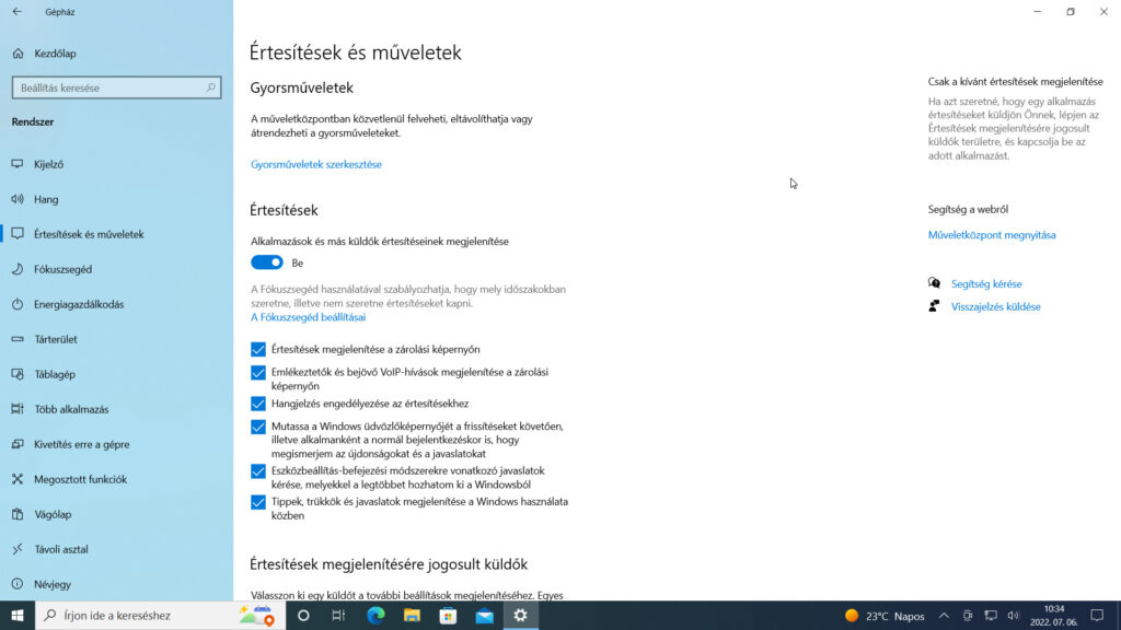 3. ábra: Az értesítések viselkedését a Windows 10-ben a Gépház/Rendszer/Értesítések és műveletek oldalon szabályozhatod,...