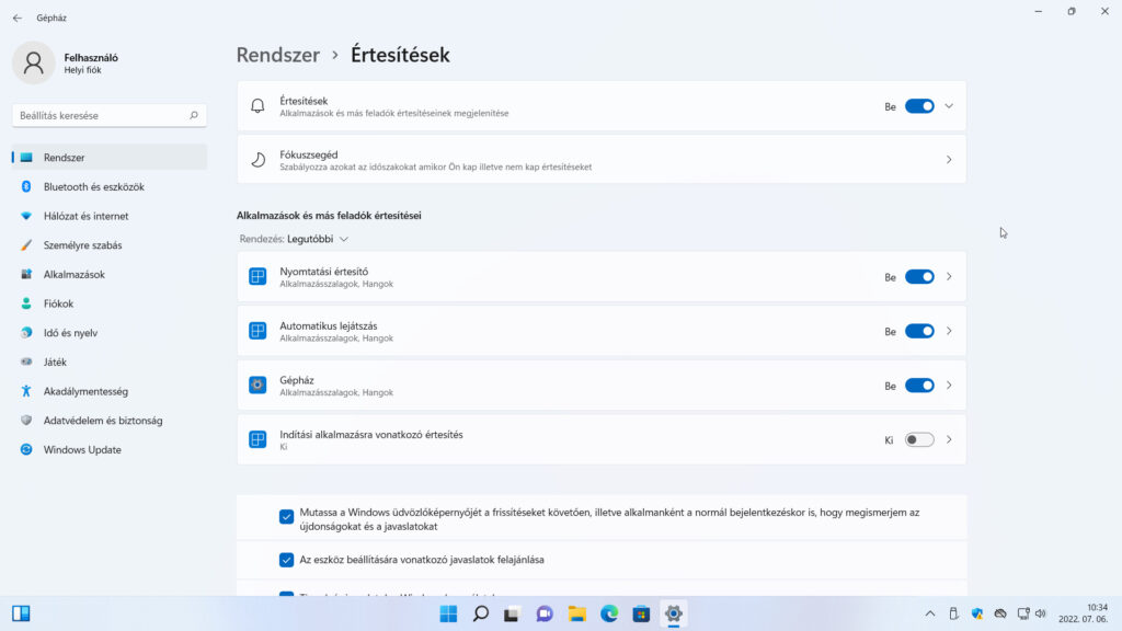 4. ábra: ...míg a Windows 11-ben erre a Gépház/Rendszer/Értesítések oldal szolgál.