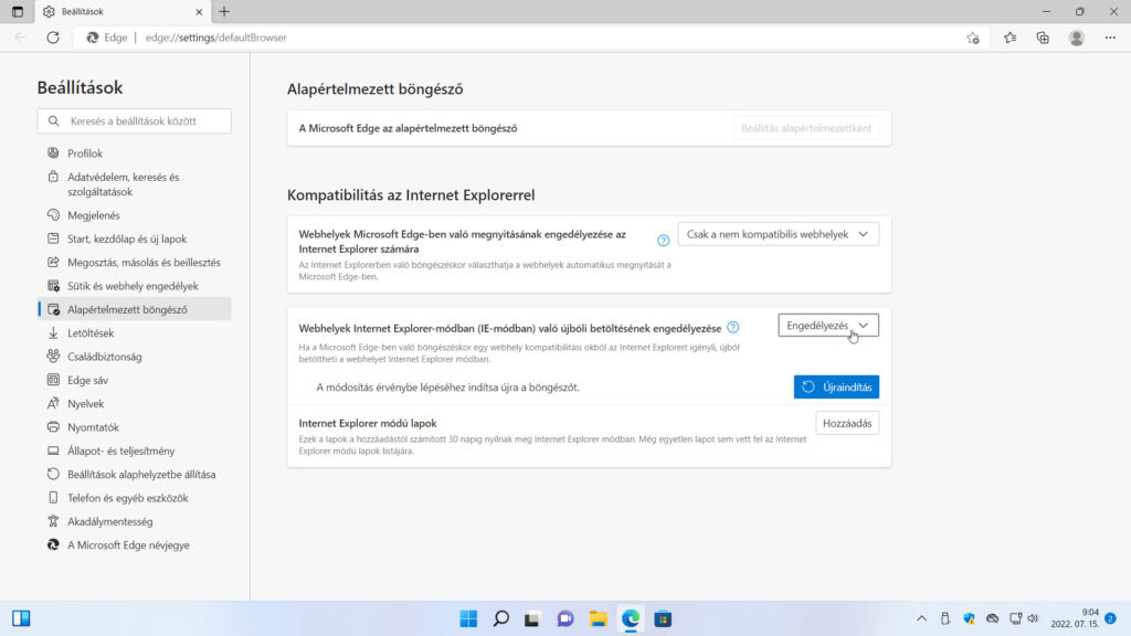 1. ábra: Az IE módot először engedélyeznünk kell a Microsoft Edge böngészőben ahhoz, hogy csak az Internet Explorer alatt működőképes weboldalakat meg tudjuk nyitni és menteni.
