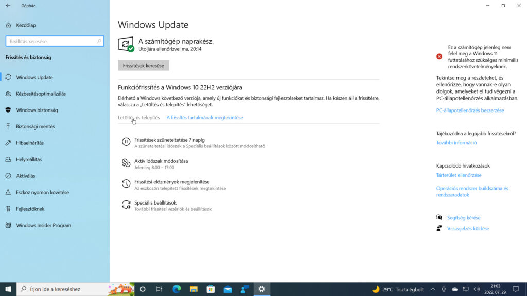 1. ábra: A Windows 10 22H2 első előzetes verzió telepítéséhez a Gépház / Frissítés és biztonság / Windows Update oldalon válasszuk ki a Letöltés és telepítés linket!