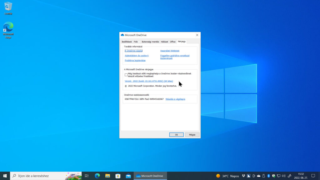 1. ábra: A Microsoft OneDrive régi Beállítások párbeszédablaka (build 22.161.0731.0002).