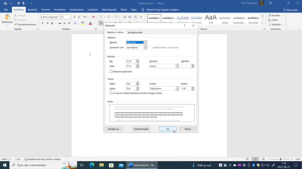 1. ábra: A képernyőképen a Microsoft Word 2016 Bekezdés párbeszédablakának Behúzás és térköz lapfülét látjuk.