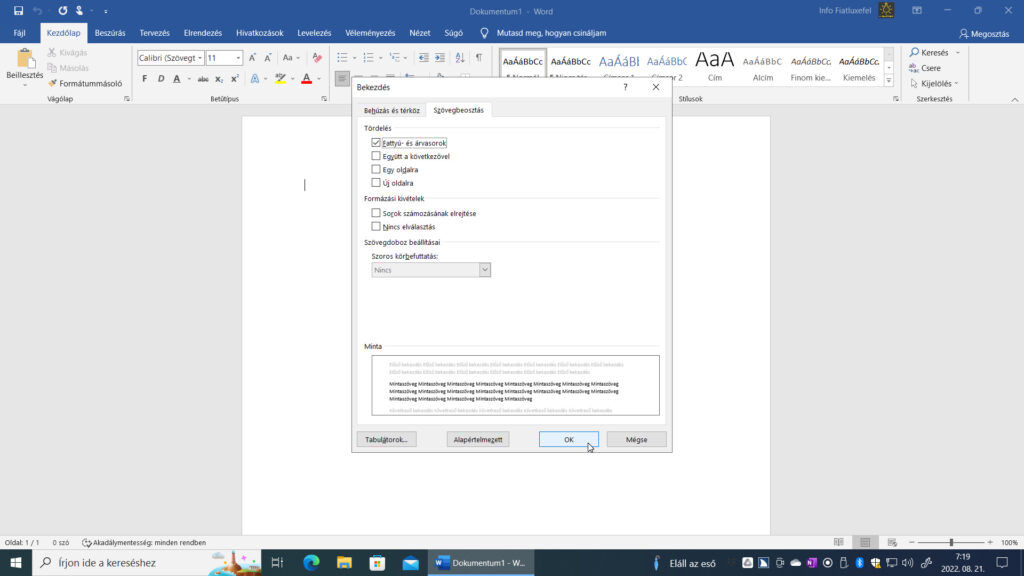 2. ábra: A képernyőképen a Microsoft Word 2016 Bekezdés párbeszédablakának Szövegbeosztás lapfülét látjuk.