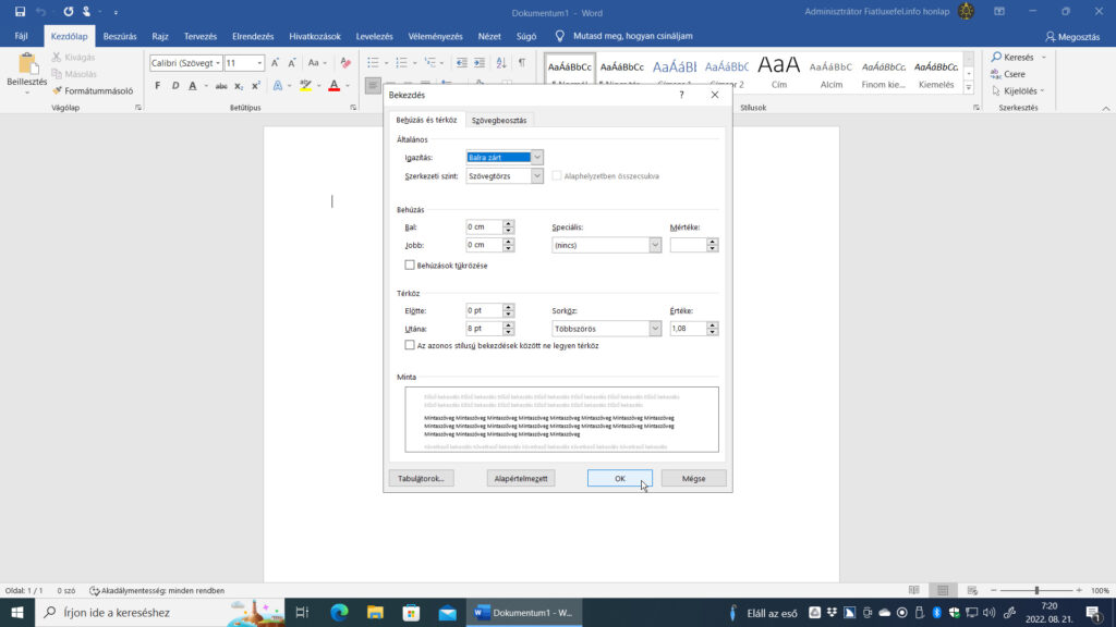 3. ábra: A képernyőképen a Microsoft Word 2019 Bekezdés párbeszédablakának Behúzás és térköz lapfülét látjuk.