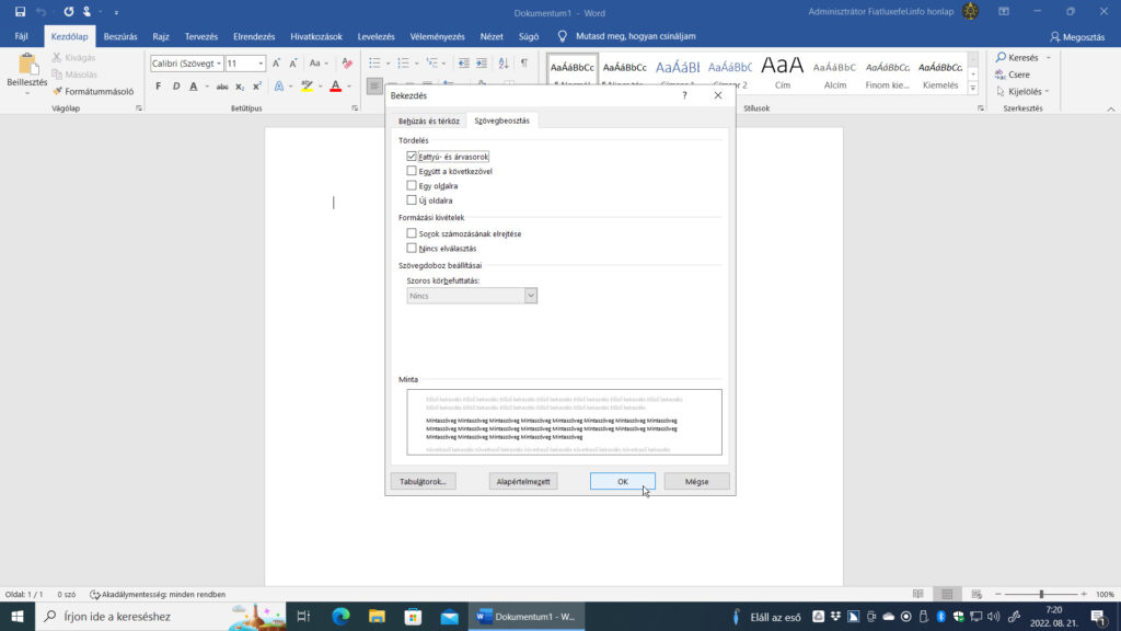 4. ábra: A képernyőképen a Microsoft Word 2019 Bekezdés párbeszédablakának Szövegbeosztás lapfülét látjuk.