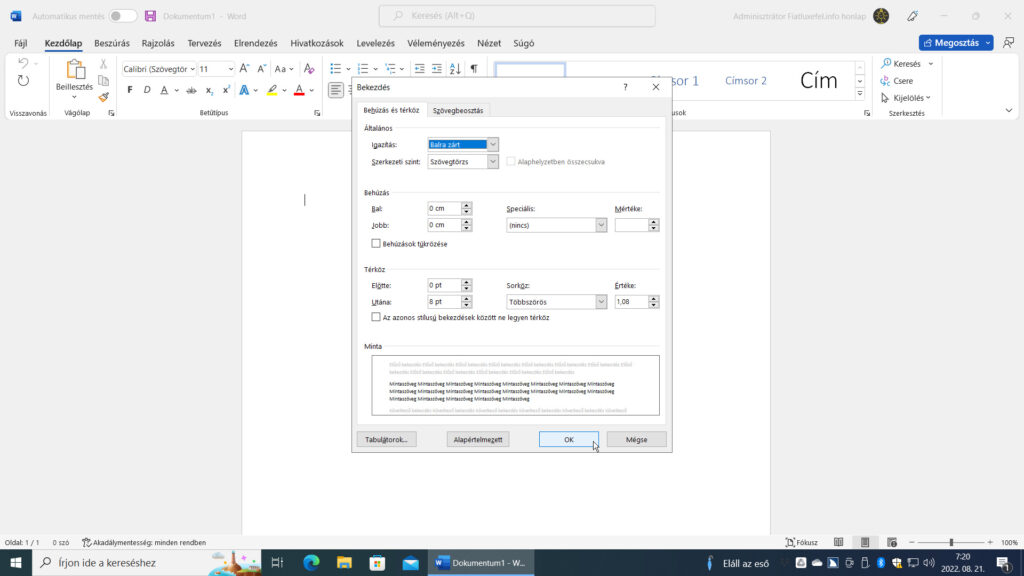 5. ábra: A képernyőképen a Microsoft Word 2021 Bekezdés párbeszédablakának Behúzás és térköz lapfülét látjuk.