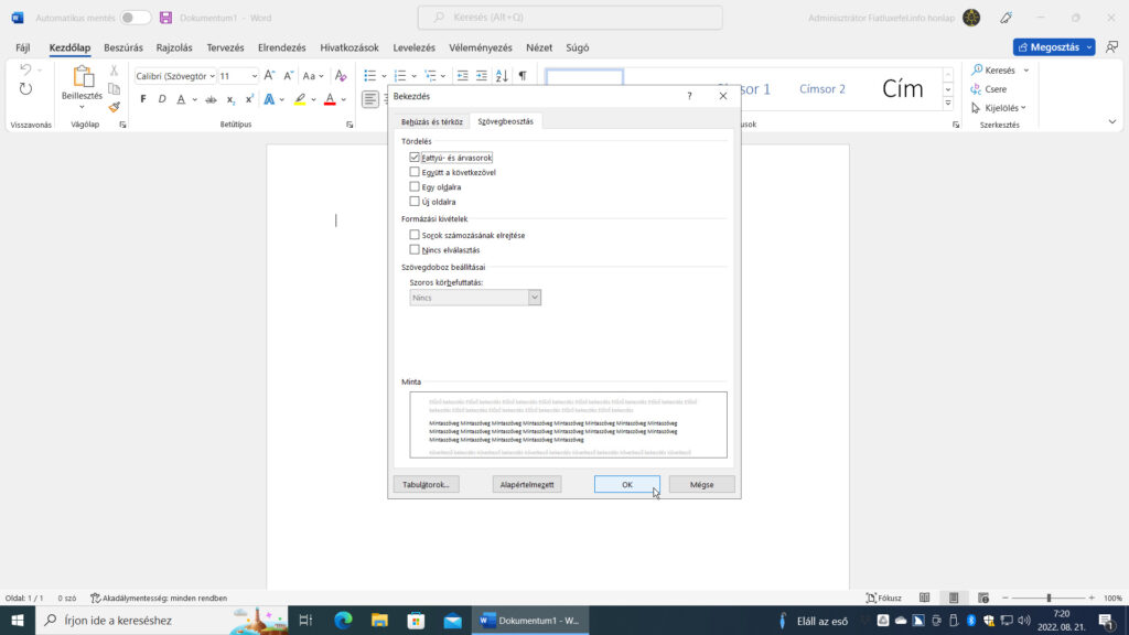 6. ábra: A képernyőképen a Microsoft Word 2021 Bekezdés párbeszédablakának Szövegbeosztás lapfülét látjuk.