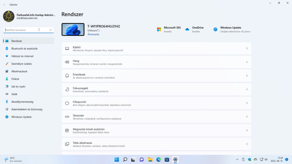 10. ábra: A Gépház felülete a Windows 11 aktuális verziójában.