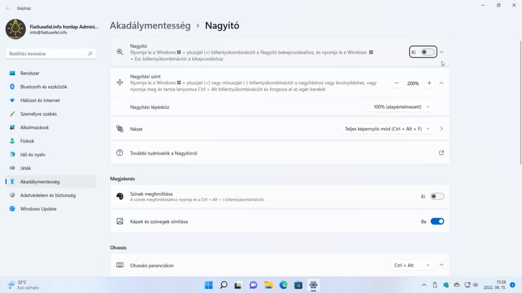 15. ábra: A Nagyító beállítási lehetőségeinek egy része.