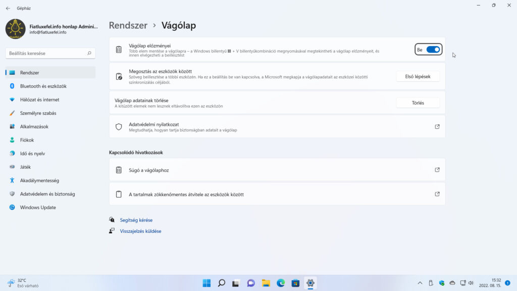 20. ábra: A Vágólap előzményei gomb a Gépház / Rendszer / Vágólap oldalon.