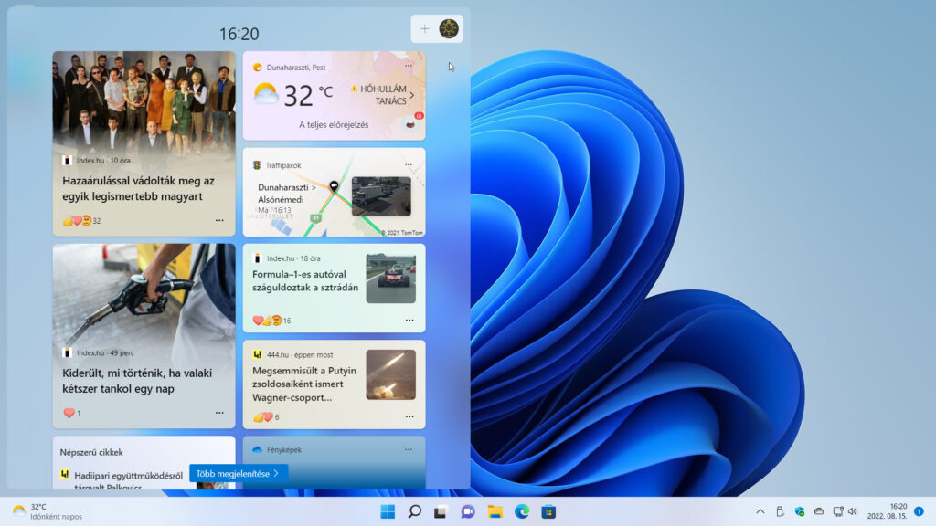 23. ábra: A Windows 11 21H2 újdonsága a Widget panel, amely információforrásként és a célhoz vezető linkként szolgáló widgeteket, vagyis vezérlőket, ha úgy tetszik, élő csempéket kínál fel.