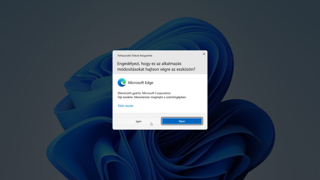 3. ábra: A Start+Ctrl+Shift+2 billentyűparanccsal megkíséreltük elindítani a Microsoft Edge böngészőt. Ehhez a rendszer a Felhasználói fiókok felügyelete ablakban kér jóváhagyást.