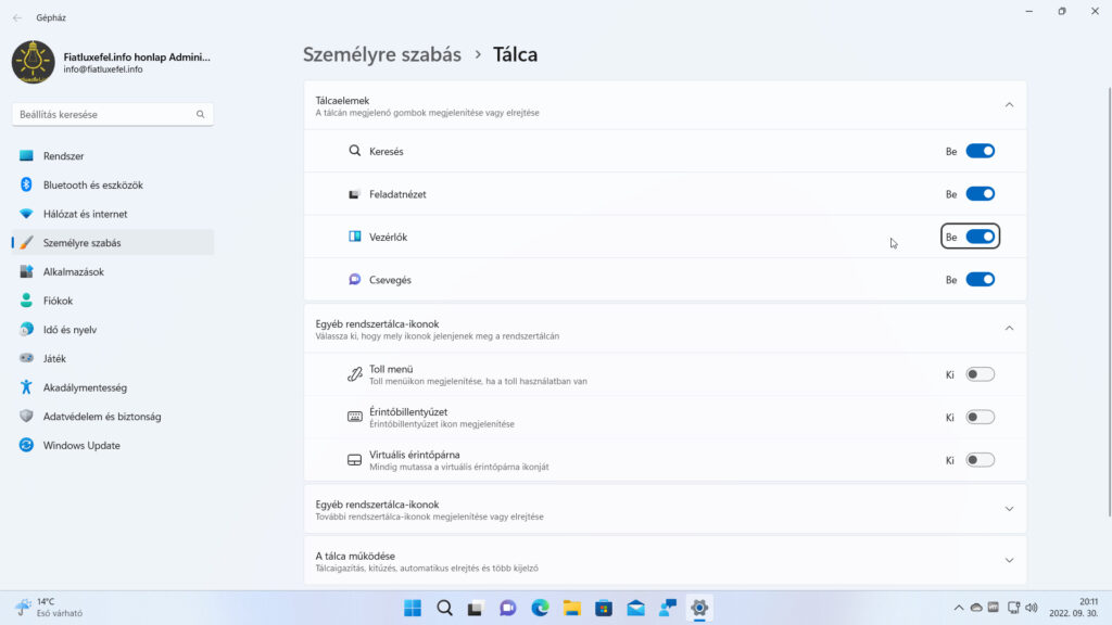 3. ábra: A vezérlők panel Beállítások gombja mögött megbúvó új panelt ugyan még nem látjuk, de az egyik beállítást a Gépház / Személyre szabás / Tálca oldalon már eddig is használhattuk (Vezérlők gomb).