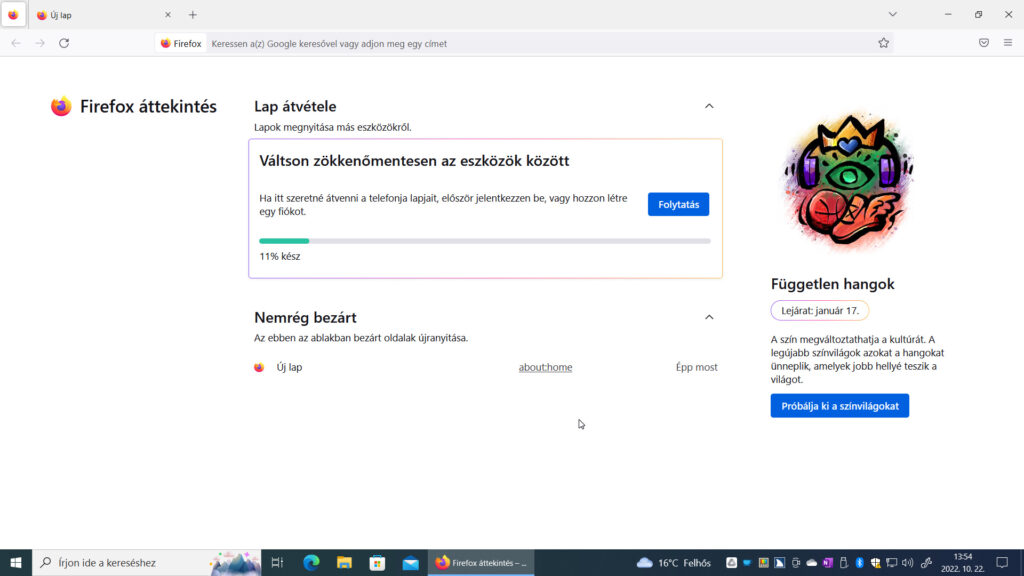 9. ábra: A Firefox áttekintés lapfül tartalma. A Független hangok rész Próbálja ki a színvilágokat gombjával érhetjük el az ideiglenes Colorways funkciót.