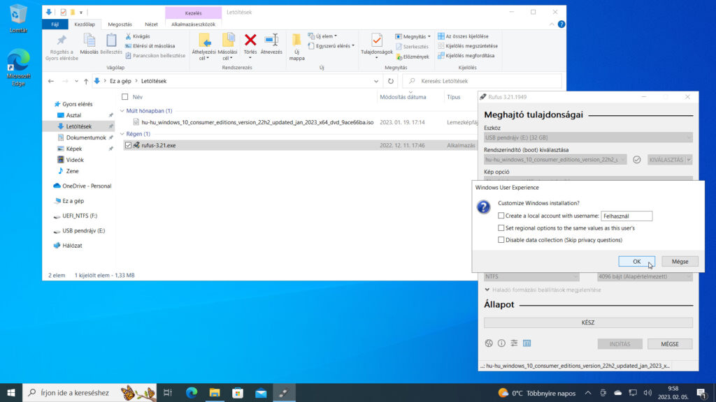 5. ábra: A Windows User Experience ablakban három telepítési opció beállításával gyorsíthatod fel a Windows 10 telepítését. Most azonban változtatás nélkül lépj tovább az OK gombbal.