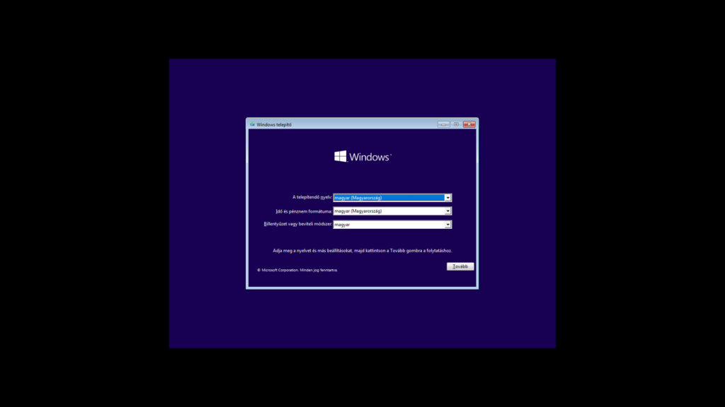 1. ábra: A Windows telepítő képernyője, ahol a pontosíthatod a Windows nyelvi beállításait.
