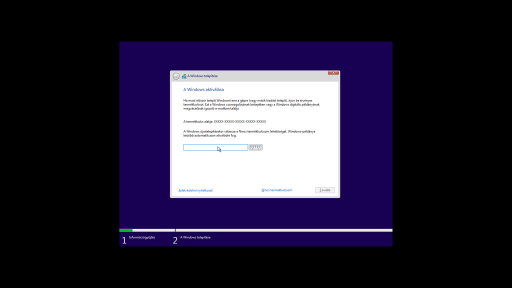 2. ábra: A Windows telepítése képernyőn a termékkulcsot adhatod meg – ha van is, ne itt gépeld be, hanem a telepítés végeztével a Gépház / Frissítés és biztonság / Aktiválás oldalon!