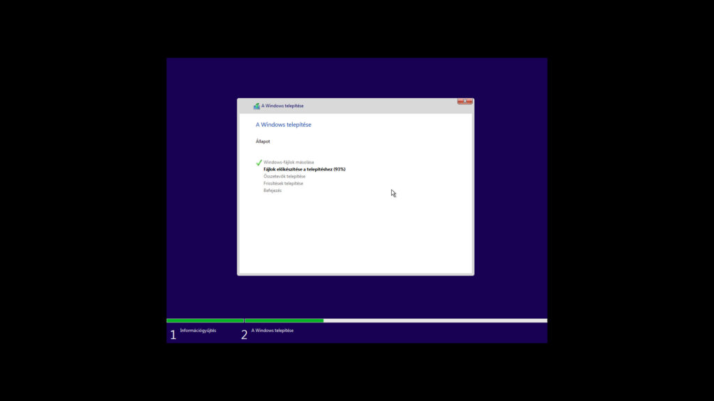 7. ábra: A Windows telepítése képernyőn várd meg, amíg a telepítő végez a folyamattal, majd…