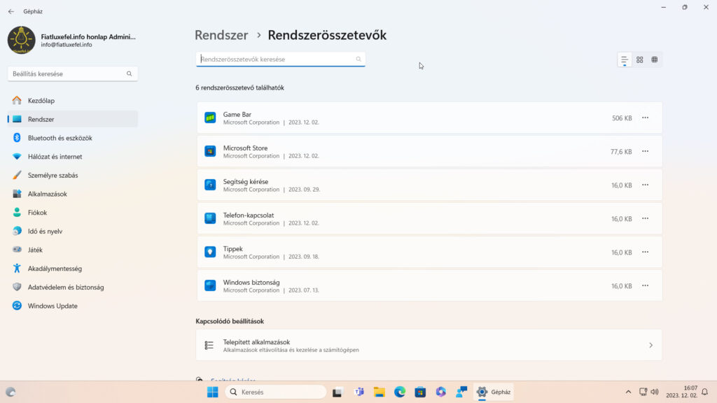 3. ábra: A rendszerösszetevőknek tekinthető alkalmazások a Gépház / Alkalmazások / Telepített alkalmazások oldalról átkerültek egy önálló oldalra, amit a Gépház / Rendszer / Rendszerösszetevők oldalon fogsz ezentúl megtalálni.,